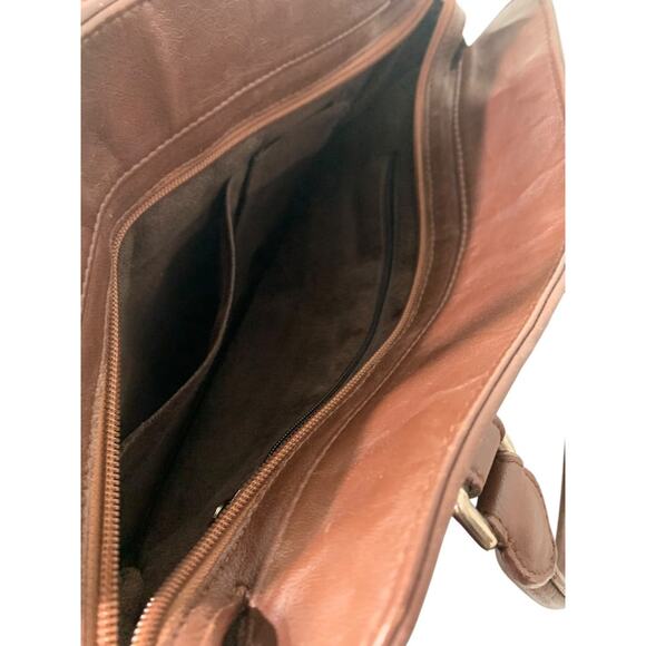 Vintage 1990s Brown Faux Leather Satchel Tote Handbag Silvertone Hardware - Picture 7 of 8